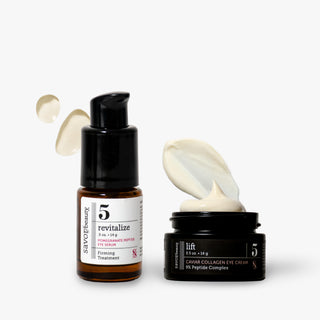Pomegranate Peptide Eye Serum and Caviar Collagen Eye Cream on a light gray background with cream droplets eye serum texture and eye cream swatch