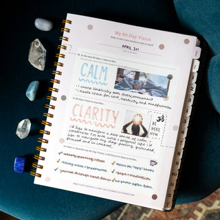 Open Savor beauty planner with 'My 90-Day Vision' page on blue velvet with crystals