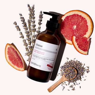 Bottle of 'cleanse' hand and body wash with lavender and grapefruit on a white background