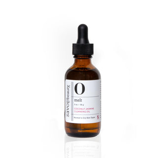 Bottle of Savor Beauty coconut jasmine cleansing oil on a white background