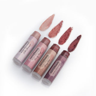4 tinted lip balms with swatches of each color
